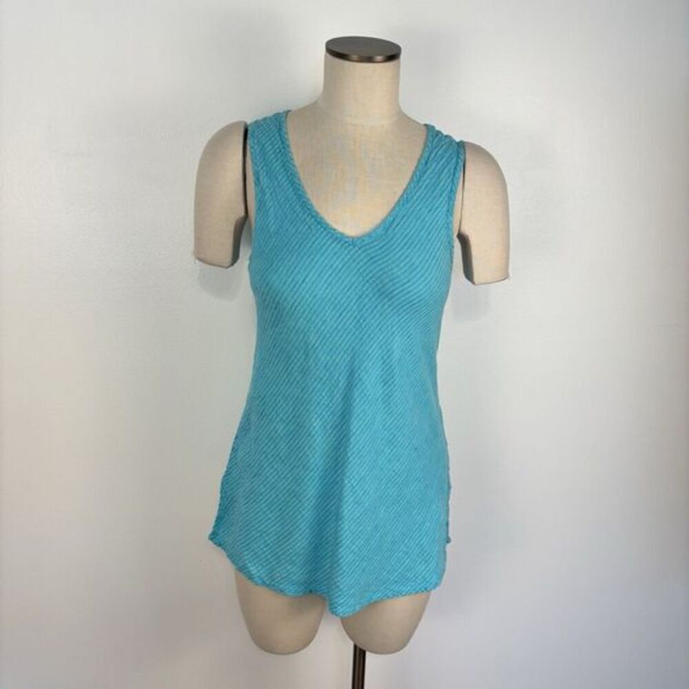 Flax Turquoise Teal Linen Tank Top Shirt Size Small / P Stripe Textured